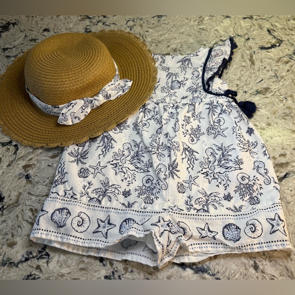 Happily Grey White and Navy Nautical Romper with Matching Hat